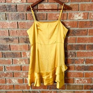 Lulus Gold Satin Spaghetti Strap Ruffle Mini Dress